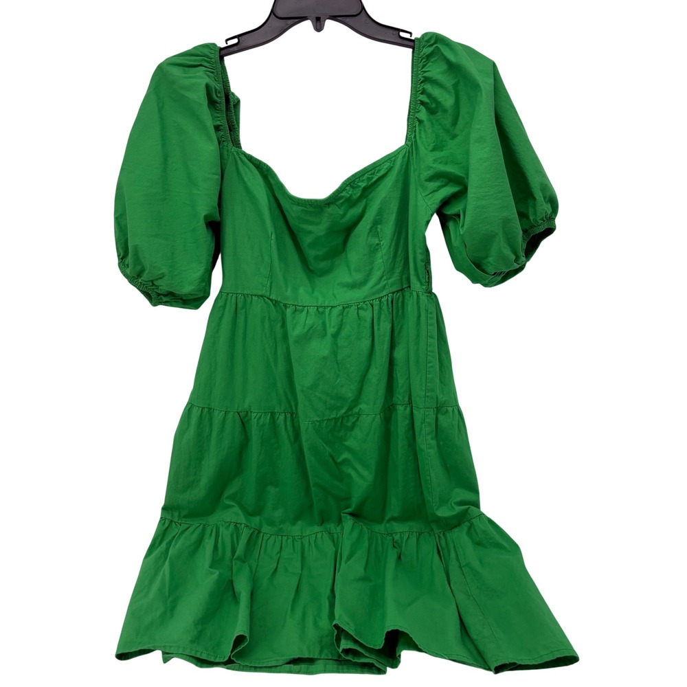 Sim & Sam Green Cotton Tiered Mini Dress Smocked Back Puff Sleeve Size M